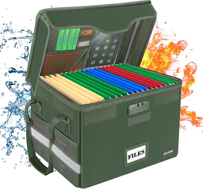 DocSafe File Box Fireproof Document Box with Lock,File Storage Organizer Box with Mesh Inserts＆Zipper Lid,Collapsible Portable File Box Home Office File Cabinet with Handle for Hanging Folders,Green