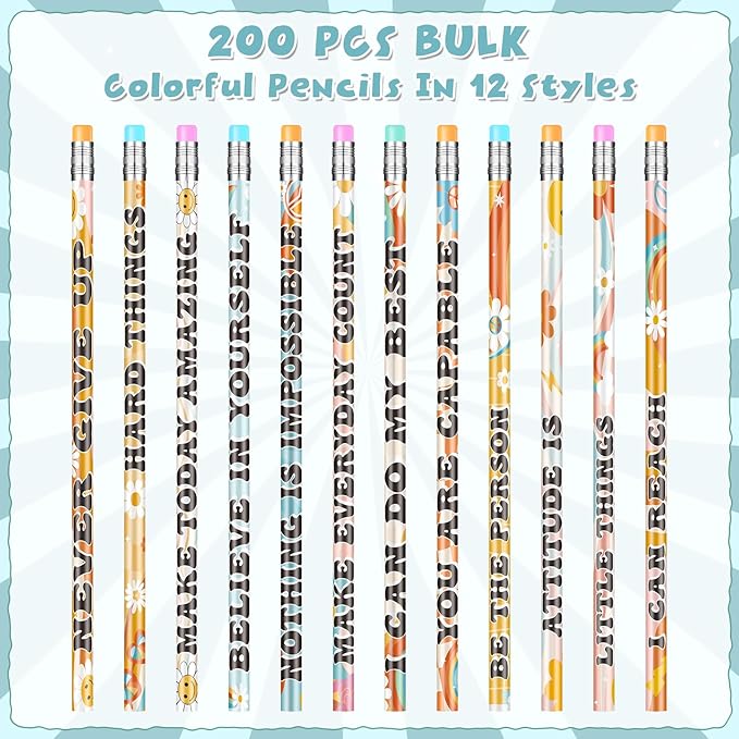 200 Pcs Retro Motivational Pencils Bulk, Inspirational School Pencils for Classroom, Cute Wood Pencils with Encourage Positive Saying, Back to School Supplies for Kids Student Teacher Classroom Reward