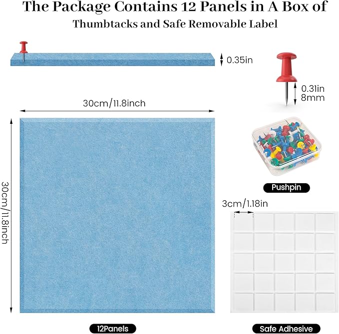 Large Cork Board for Walls Blue Felt Board Alternative -Felt Bulletin Board Tiles for Office Wall Decor,corkboard,Push pin Board Wall Organizer for Office -12Pack (Blue)