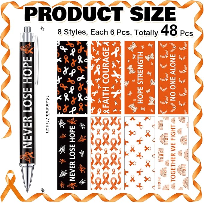 48 Pcs Orange Awareness Ribbon Pens Cancer Awareness Ballpoint Pens Bulk Faith Courage Hope Strength Health Awareness Favor Gifts for Leukemia Lymphoma Cerebral Cancer Awareness Support