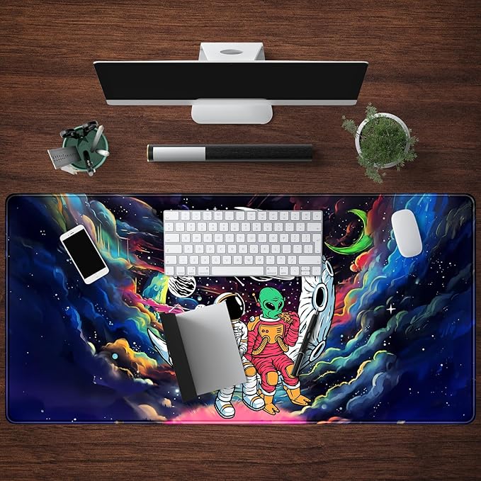 Funny Space Mouse Pad Desk Mat Astronaut Alien Large Gaming Mouse Pads Anime Desk Pad Mousepad XXL Cool Trippy Universe Extended Keyboard Mat with Stitched Edges Anti-Slip, 31.5 X 15.8 in