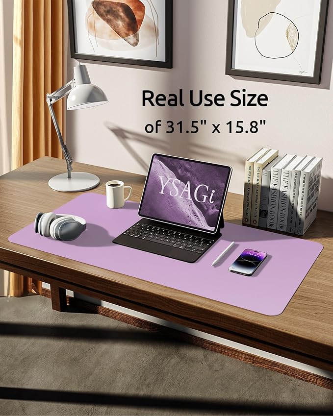 YSAGi Leather Desk Protector, Office Mat, Large Mouse Mat, Non-Slip PU Leather Blotter, Laptop Pad, Waterproof Writing Pad for Office and Home (Taro Purple, 31.5" x 15.8")