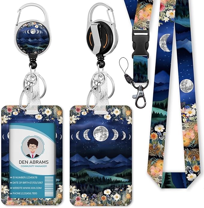 Lanyards for Id Badges, Badge Holder with Retractable Reel Clip, Detachable Moon Mountain Flower Night Work Name Tag Lanyard Vertical ID Card Protector for Women Nurse Doctor Teacher Student
