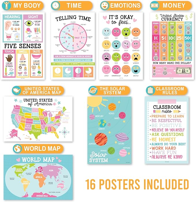 Hadley Designs 16 Educational Posters for Classroom & Kindergarten, Kindergarten Classroom Must Haves, Laminated PreK Learning Chart Materials US & World Map, ABC Alphabet, Shapes, Days of the Week
