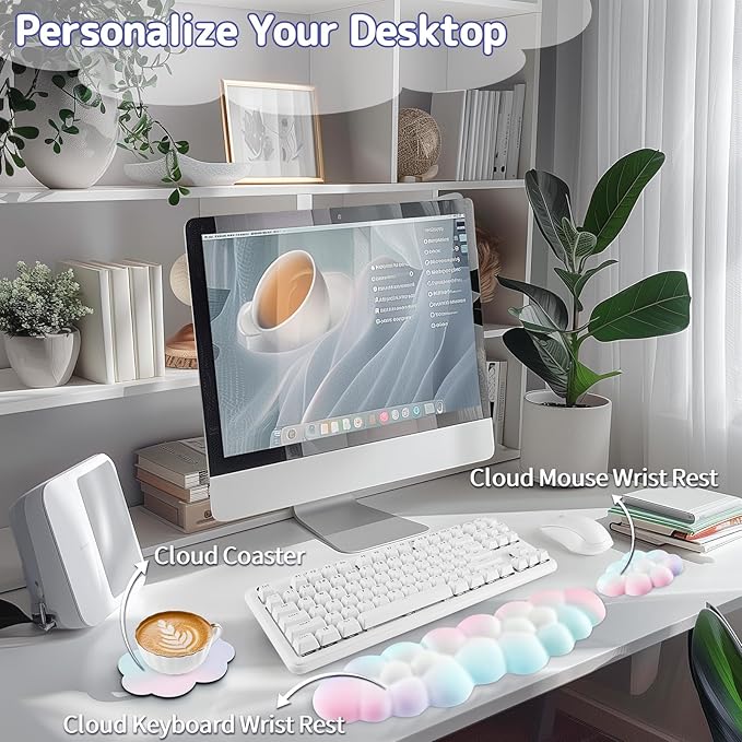 Cloud Wrist Rest Keyboard, Cloud Palm Rest Set with PU Leather Memory Foam, Cute Keyboard Rest for Wrist Support and Arm Rest, Desk Cloud Wrist Pad for PC/Gaming/Hand Cushion/Computer-Rainbow