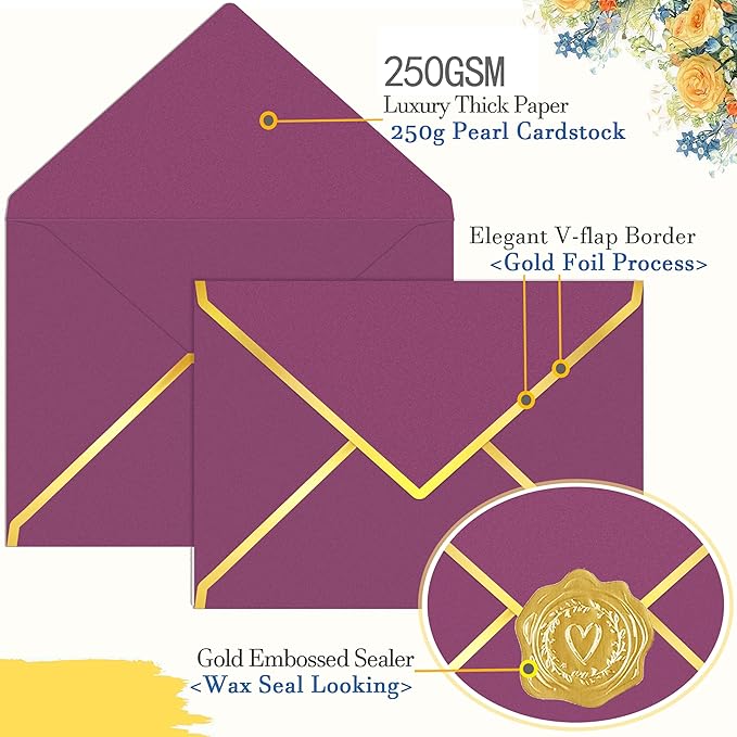60 Pack Gold Envelopes 5x7 Bulk Wine, 250G Pearled Cardstock A7 Envelopes for Invitations Business Mailing Envelope with Gold Foil Border, A6 4x6 Envelopes for Wedding Baby Shower Cards