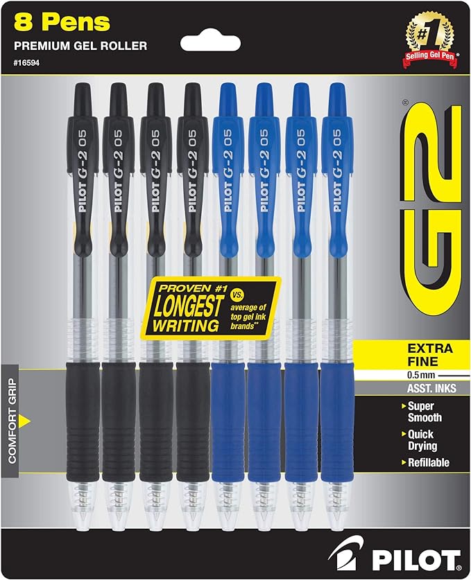 Pilot, G2 Premium Gel Roller Pens, Extra Fine Point 0.5 mm, Pack of 8, Black and Blue