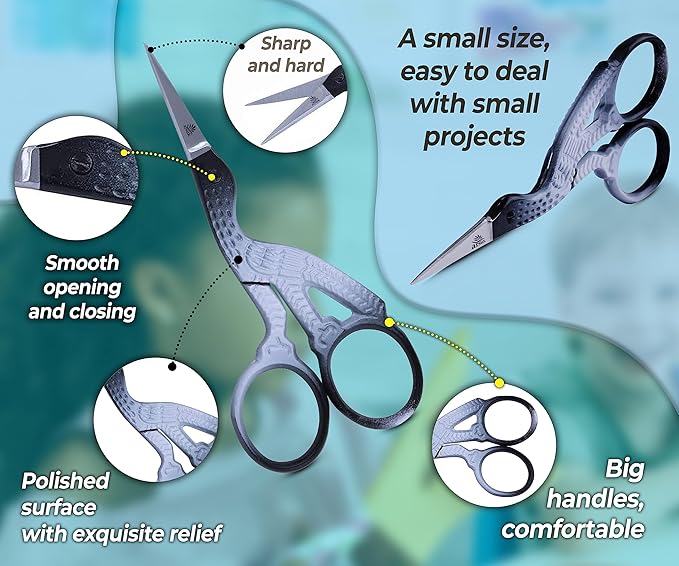 Embroidery Scissors Sewing Sharp Shears Fabric Crafting Scissor for Threading Art Home Crafts, Office Work, Stainless Steel Vintage Stork Style Safety Needlework Cross-Stitch Tailor Scissors