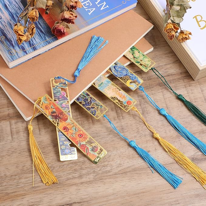 6Pcs Metal Bookmarks with Tassel, Golden Hollow Bookmark Metal Van Gogh Bookmarks Gifts for Book Lovers Writers Readers Teachers Students Men Women