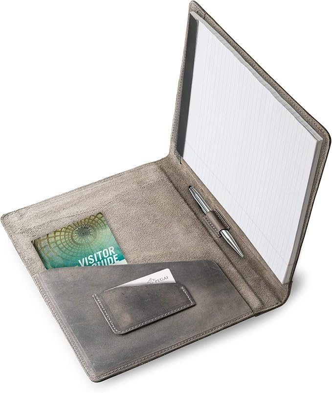 PEGAI Handmade 100% Leather Padfolio, Legal Pad Organizer for Business School Office Conference, Heavy Duty Full Grain Cow Hide Resume Interview Folio, Amazing Gift Idea | Marshall (Rock Gray)