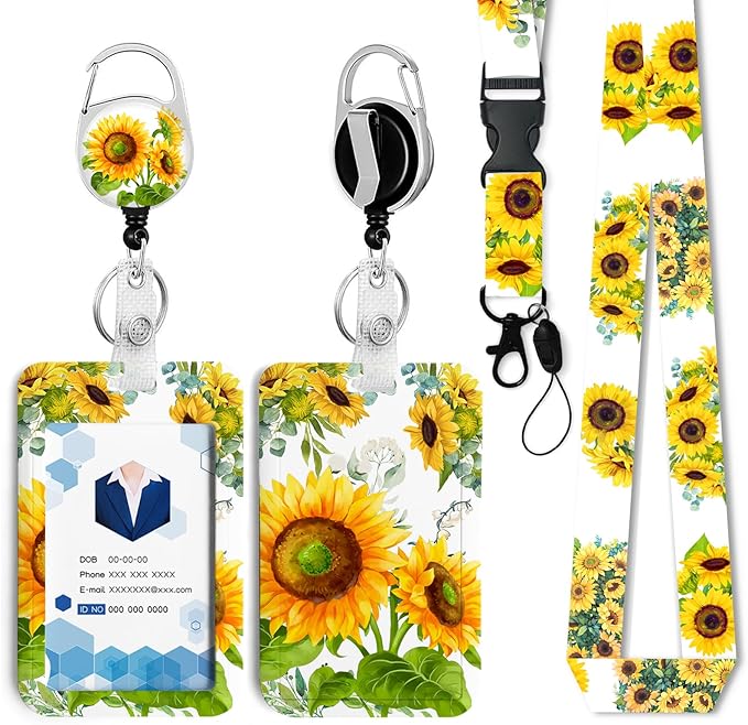 Sunflower Badge Holder with Retractable Reel and Breakaway Lanyard，Badge Clips Retractable Heavy Duty Badge Reel，Funny Keychain，ID Holder with Breakaway Lanyard for School Nurse Office Teen