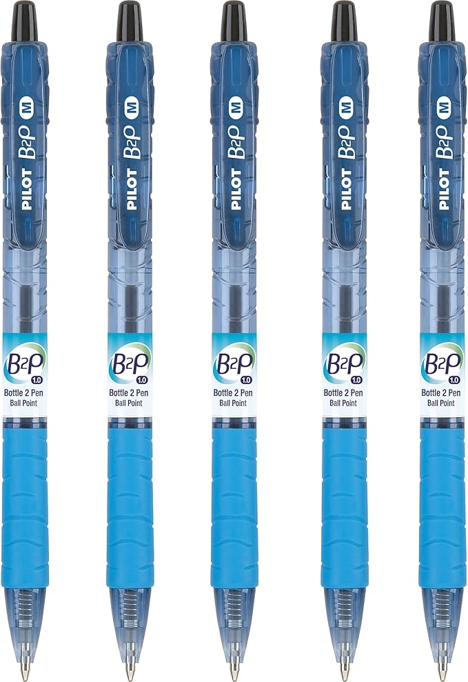PILOT B2P - Bottle to Pen Refillable & Retractable Ball Point Pen Made From Recycled Bottles, Medium Point, Black Ink, 5-Pack (32812)