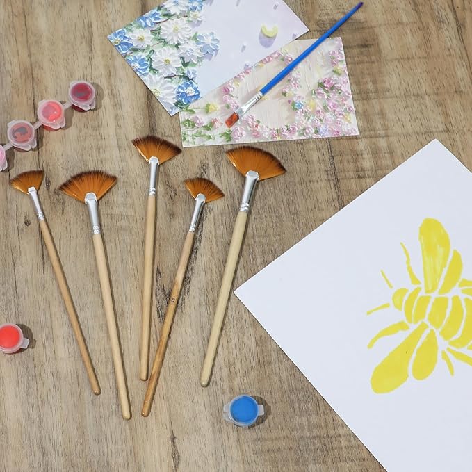 5 PCS Fan Brushes Paint Fan Brush for Painting Long Wood Handle Painting Brushes Paint with Nylon Hair Brushes Set Fan Brush for Acrylic Oil Watercolor Gouache Painting Kits