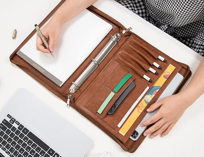 AZXCG Padfolio for Women, 3 Ring Binder Business Portfolio, Vegan Leather Zipper Binder Portfolio Folio, Document Notebook Organizer with A4 Clipboard Folder, Gift for Men, Brown