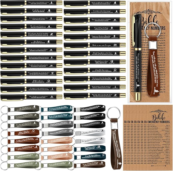 25 Sets Christmas Christian Church Gifts Bulk Bible Verse Plastic Gel Pen Religious Silicone Keychains Scripture Bookmark 2''x 6'' Emergency Numbers Bible Bookmarks Gift Pastor(Black)