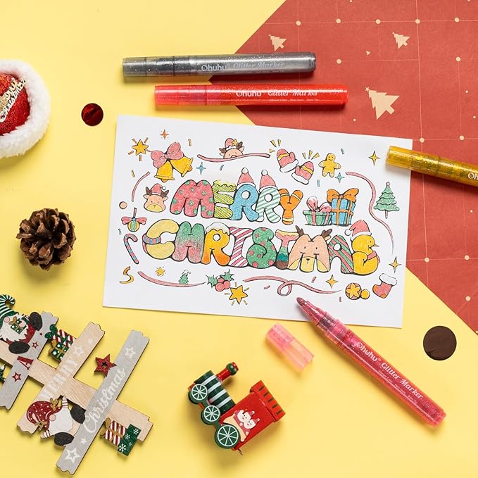 Ohuhu Glitter Markers Pen 18 Glitter Colors Metallic Shimmer Marker Round Point Tip Water-based Ink for Kids Adults DIY Crafts Greeting Birthday Cards Making Poster Album Scrapbooking Mugs Wood