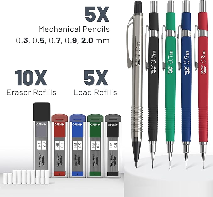 Mr. Pen Mechanical Pencil Set with Lead and Eraser Refills, 5 Sizes - 0.3, 0.5, 0.7, 0.9 and 2 Millimeters, Drafting, Sketching, Illustrations, Architecture, Drawing Mechanical Pencils