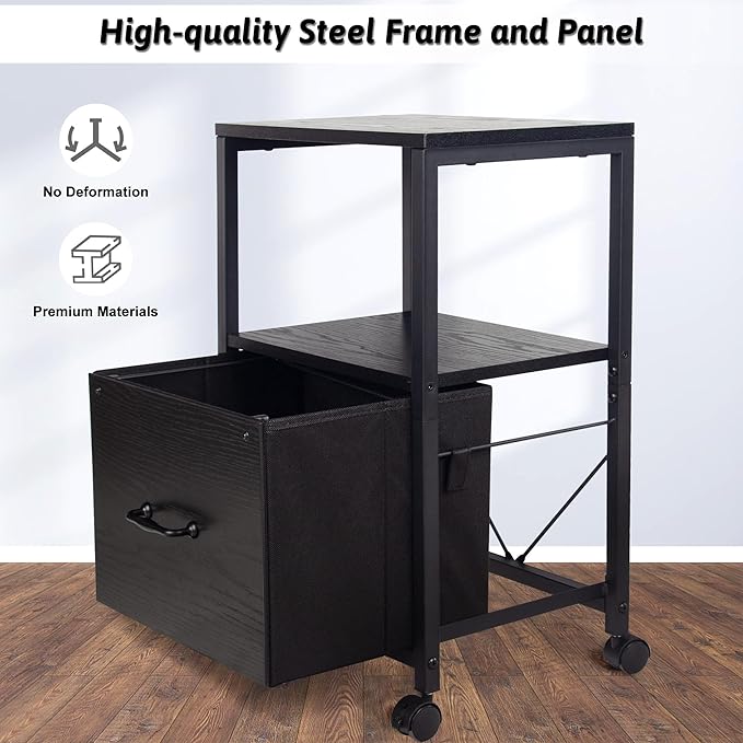 2 Tier Metal Mobile Under Desk Home Printer Stand with Storage Drawer Small File Cabinet for Home Office with Wheels Printer Tables for Small Spaces, Black