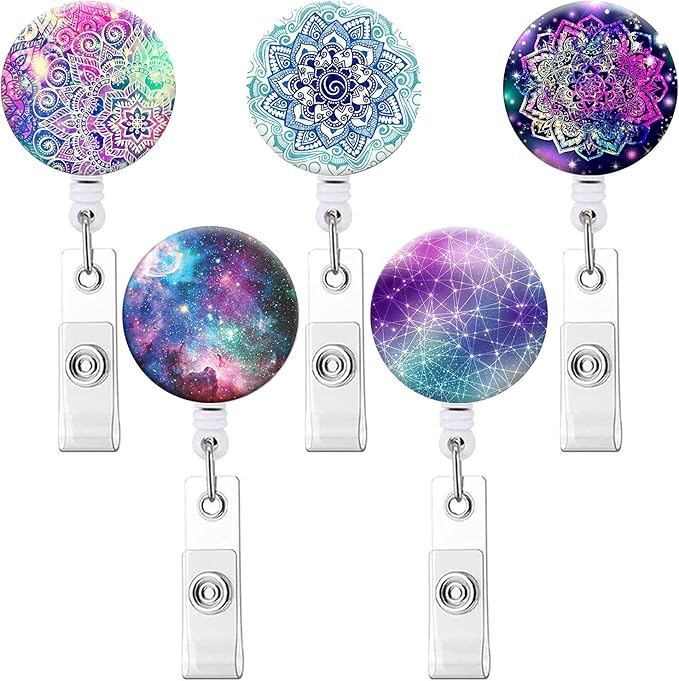 Retractable ID Badge Holder Nurse Badge Reels with Clip Name Card Holders for Office Worker Doctor Nurse (5 Pack Mandala Starry Sky)