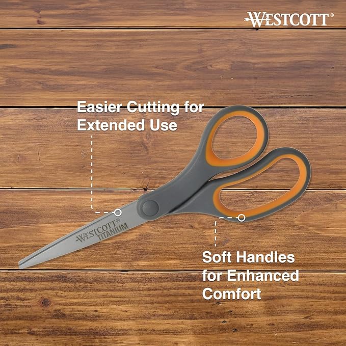 Westcott Titanium Bonded Scissors, Soft Handle, 8", Straight, Gray/Yellow, 6-Pack