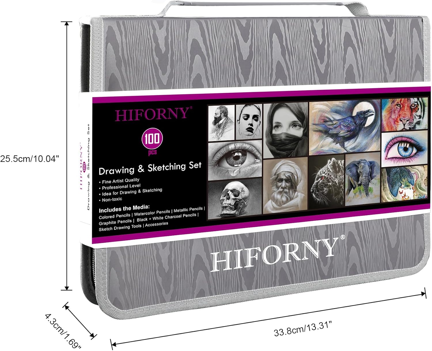 HIFORNY 100 PCS Drawing & Sketching Set, Professional Art Supplies with Graphite,Charcoal, Colored,Watercolor,Metallic Pencils,Blending Tools,Sketchbook and Coloring Book in Zipper Case (Grey)
