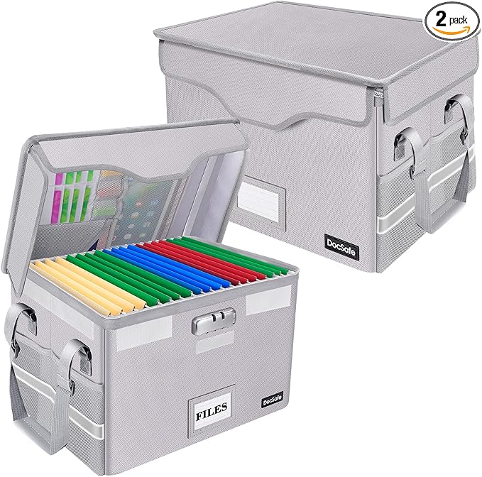DocSafe File Box Fireproof Document Box with Lock,File Storage Organizer Box with Insert Pockets,Collapsible Portable Filing Box Home Office File Cabinet with Handle for Hanging Folder,Silver,2 Pack