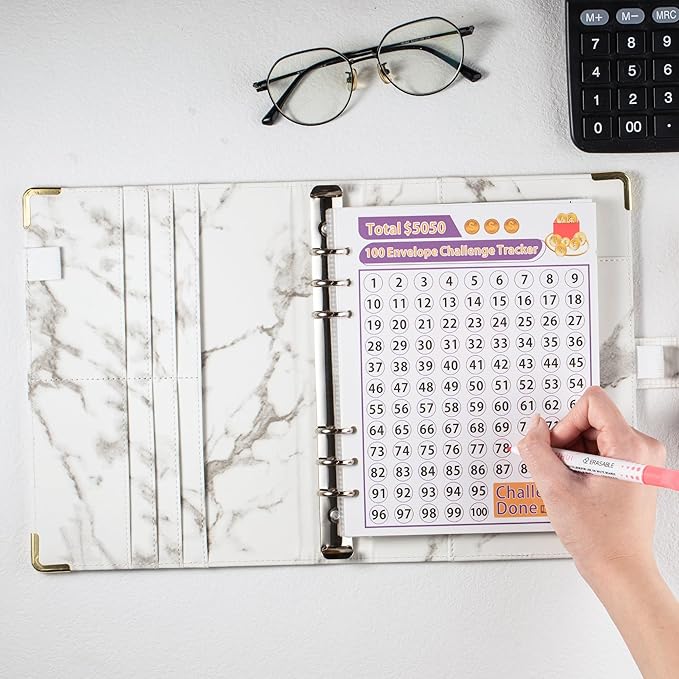 ATkits 100 Envelopes Challenge Binder Savings Challenges Book, A5 Money Saving Planner Cash Envelope Budget Binder with Erasable Pen, Easy and Fun Way to Save $5,050, 10,000 and $500 (Marble White)
