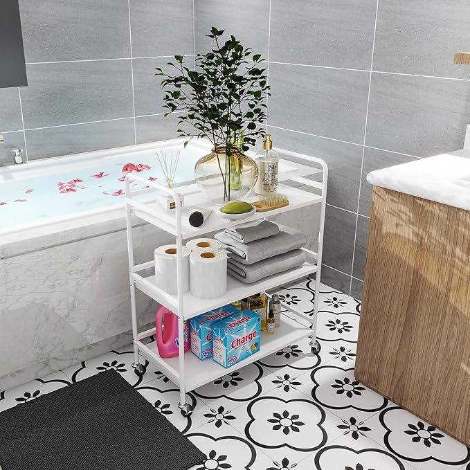 GYCZYCX 3-Tier Rolling Cart,Utility Cart,Kitchen Cart on Wheels,Organizing Cart with Storage,Rolling Shelves with Wheel,Metal Craft Cart for Kitchen,Bathroom,Living Room,Bar,Office(White)