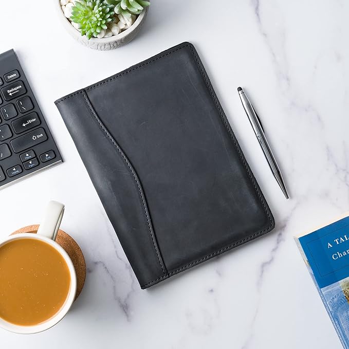 PEGAI Handmade 100% Leather Padfolio | Junior Legal Pad Folder Organizer for Business School Office Conference | Resume Interview Document Organizer Folio | Eriksen (Charcoal Black)