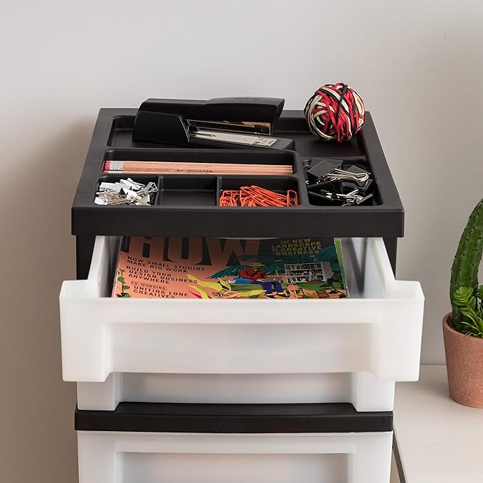 IRIS USA Plastic Drawer Storage Organizer Rolling Cart, with Wheels Casters, 7-Drawers, for Classroom Art Craft Supplies Dresser Closet Bathroom Bedroom, Top Organizer for Small Parts, Black/Pearl