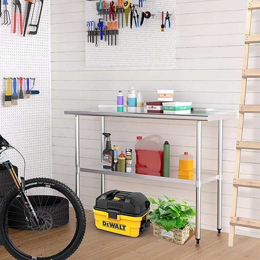 Stainless Steel Table 18 x 48 Inches Metal Prep Table with Backsplash & Adjustable Undershelf for Commercial Kitchen, Outdoor, Restaurant, Hotel & Garage