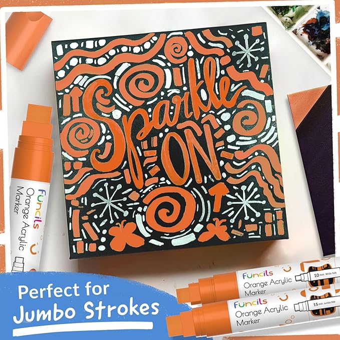 5 Orange Paint Pens - Extra Fine Tip, Thin & Jumbo (1mm, 3mm, 6mm, 10mm, 15mm) - Acrylic Orange Paint Marker for Metal, Fabric Pen, Plastic, Canvas, Wood, Rock Painting - Water-based Ink