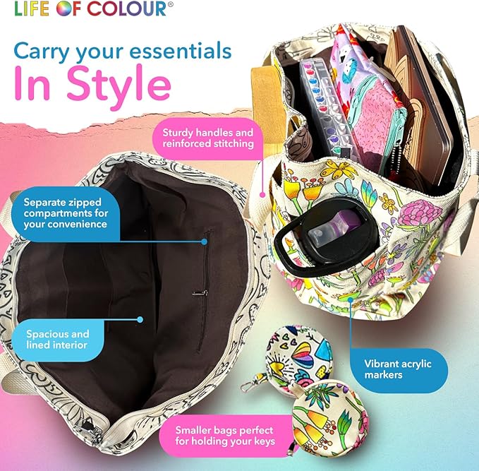 Doodle Bag Bundle – Color Your Own Tote Bags in Two Playful Patterns - Craft Kits for Adults Includes 2 Canvas Totes & 48 Acrylic Markers – DIY Painting & Art Kit for Women