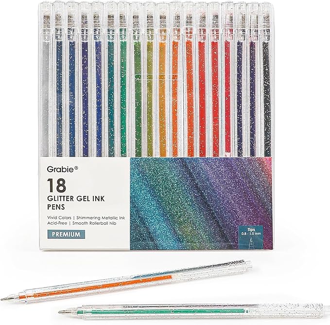 Grabie Glitter Gel Ink Pens, Vibrant Glitter Gel Pens Set, Spark Your Creativity with Every Color of the Rainbow (18 Colors Capped Glitter Gel Pens)
