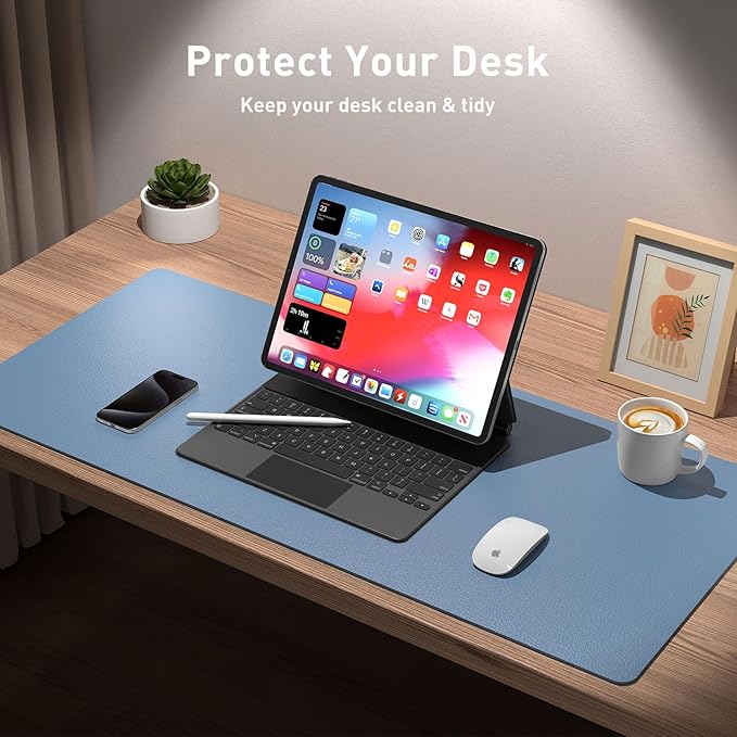 Aothia Leather Desk Pad Protector, Office Mat, Large Mouse Pad, Non-Slip PU Leather Blotter, Laptop Desk Pad, Waterproof Writing Pad for Office and Home (Denim Blue, 31.5" x 15.7")