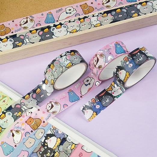 YUBBAEX 20 Rolls Cute Animals Washi Tape Set Gold Silver Foil Masking Cartoon Pets Decorative Tapes