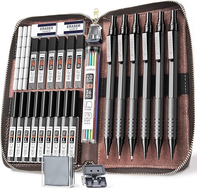 30Pcs Metal Mechanical Pencil Set with Leather Case, 0.5/0.7/0.9/2.0mm Art Drafting Pencils, 16 Tubes Graphite Leads (6B 4B 2B HB 2H 4H) with Colored Leads for Sketching Drawing Writing(Black)