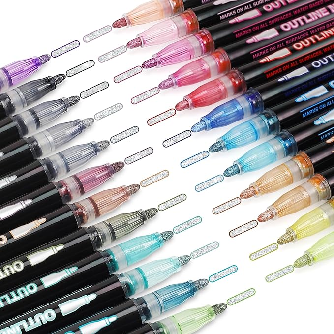 Shimmer Markers Doodle Outline Pens - Stocking Stuffers Kids Teen Tween Girls Ages 4 8 10 12 Year Old Gift Present 24 Colors Metallic Glitter Double Line Sparkle Set Art Craft Drawing Supplies Stuff