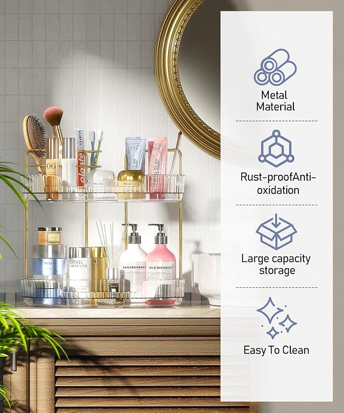 2-Tier Corner Bathroom Counter Organizer Makeup Cosmetic Storage, Tool-Free Installation Acrylic Vanity Shelf, Skin Care Organizer Perfume Tray for Countertop Bathroom, Dresser, Kitchen (Clear)