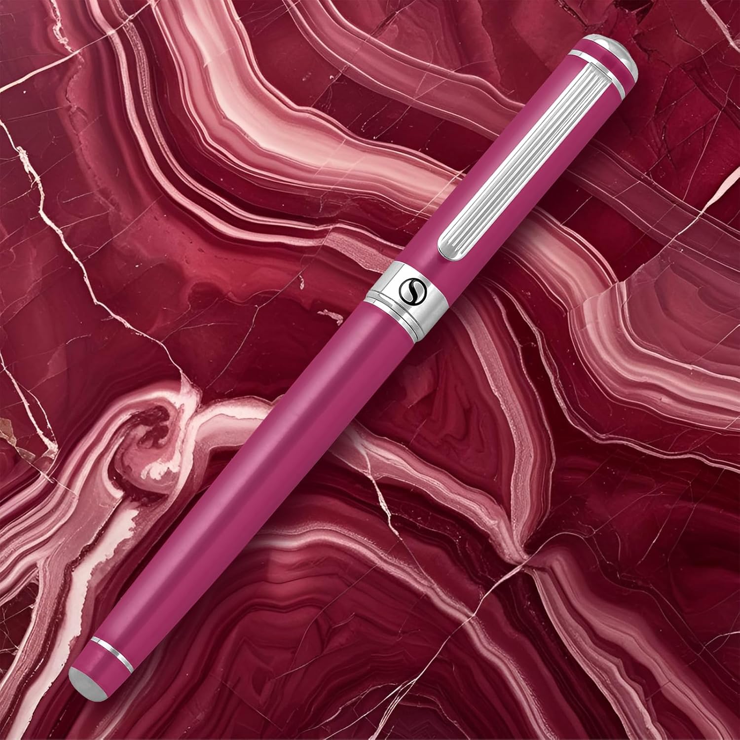 Scriveiner Fuschia Rollerball Pen - Stunning Luxury Pen With Chrome Finish, Schmidt Ink Refill, Best Roller Ball Gift Set for Men & Women, Professional, Executive Office, Nice Pens