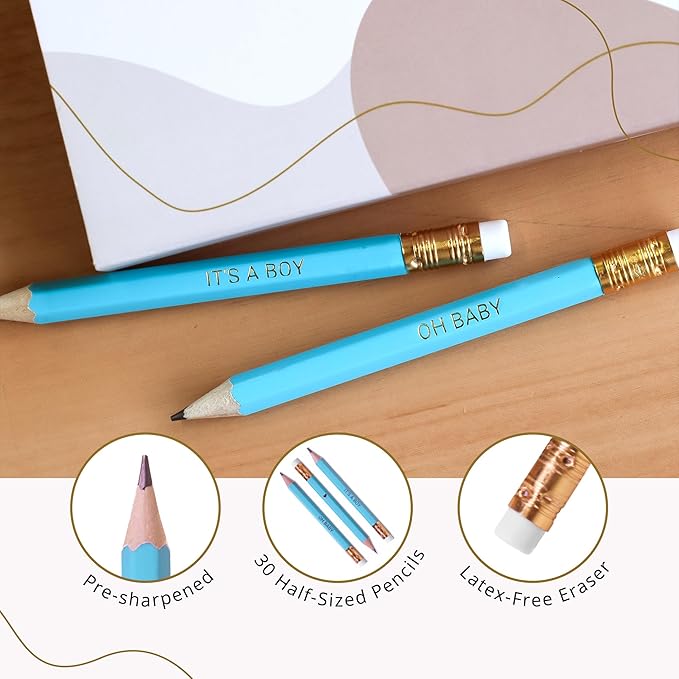 Markt Mini Pencils For Baby Shower Games Boy, Heart Pencils, Small Blue Pencil Set With Erasers