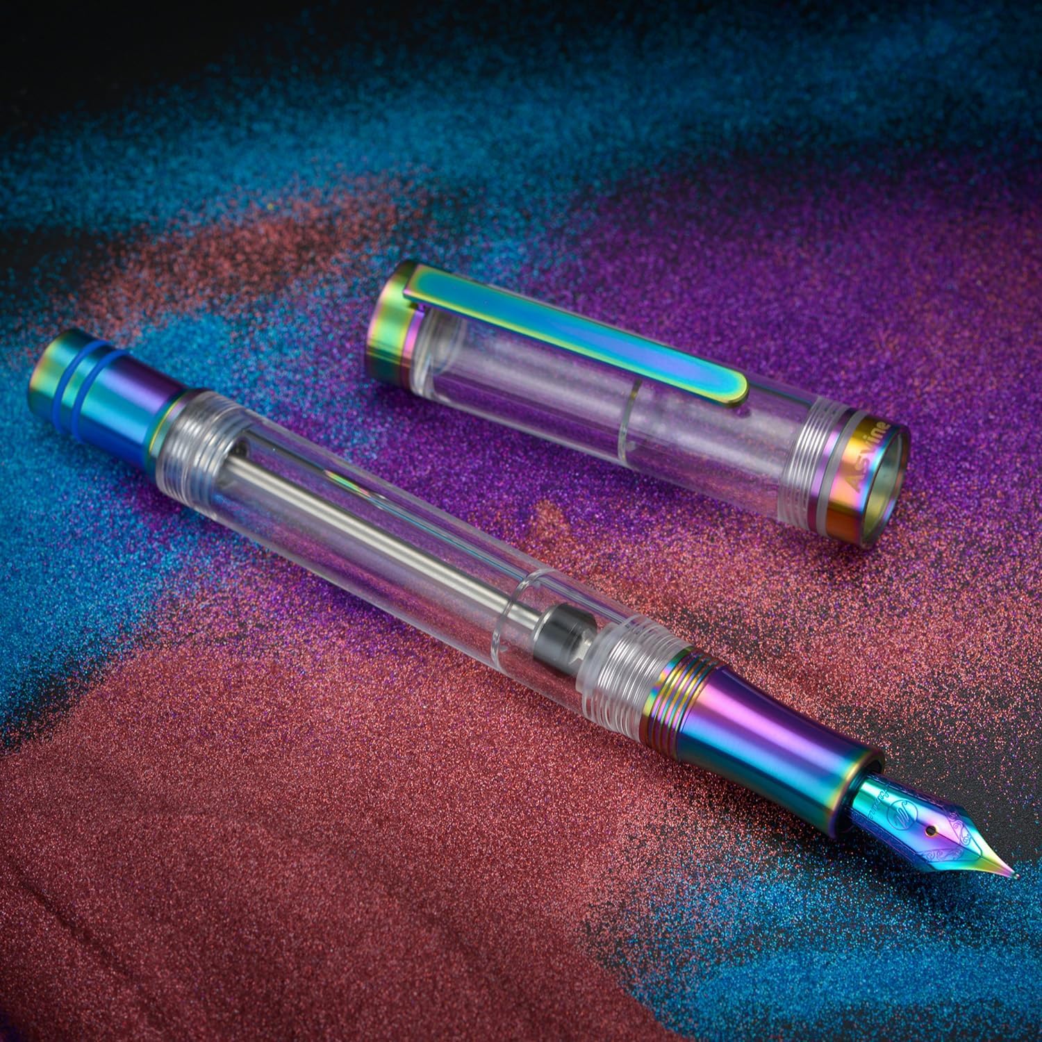 Asvine V200 Titanium Fountain Pen Vacuum Filling, Rainbow Medium Nib Clear Demonstrator Acrylic with Pen Case and Wrench