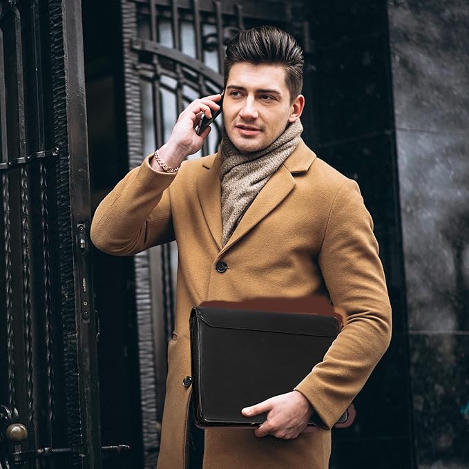 AZXCG Leather Portfolio for Men, 3 Ring Binder Professional Resume Portfolio Folder, Business Organizer Padfolio with YKK Zipper, Document Work Folio for 8.5x11 Writing Pad, Black