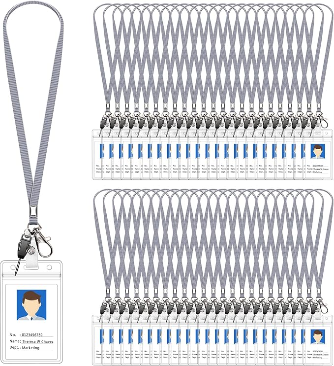 60 Pack Neck Lanyard with ID Badge Holder, Office Strap Bulk Lanyards, Stainless Metal Swivel Hook for Name Tag, Badge Holders, Keychains, Card, Grey