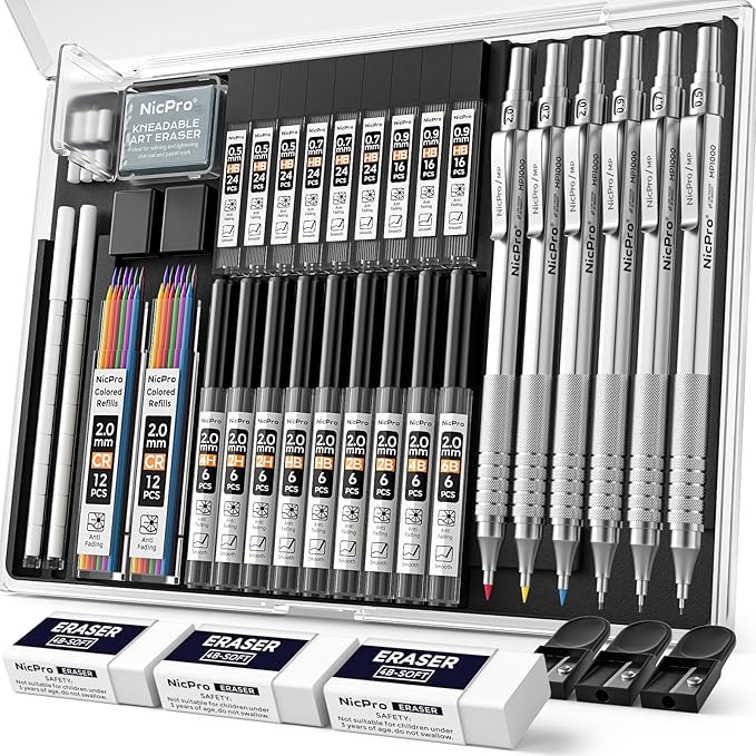 Nicpro 35PCS Black Metal Mechanical Pencils Set in Case, Art Drafting Pencil 0.5, 0.7, 0.9 mm & 3PCS 2mm Graphite Lead Holder for Drawing Sketching With 20 Tube Lead Refills(6B 4B 2B HB 2H 4H Colors)