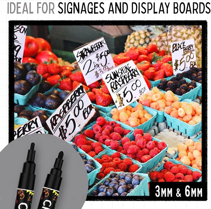 5 Black Chalkboard Chalk Markers - Black Dry Erase Markers for Blackboard, Chalkboard Signs, Windows, Glass | Variety Pack - Fine & Jumbo Size Ink Pen (1mm, 3mm, 6mm, 10mm, 15mm)