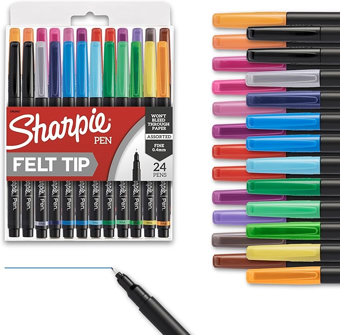 Sharpie Felt Tip Pens, Fine Point (0.4Mm) Felt Tip Markers, Journaling Pens, Art Markers, Drawing Markers, Assorted Colors, 24 Count