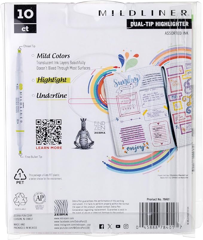 Zebra Pen Mildliner Double-Ended Highlighter Set, Broad and Fine Point Tips, Ideal for Bible Highlighting, No Bleed, Assorted Rainforest Ink Colors, 10-Pack (78401)