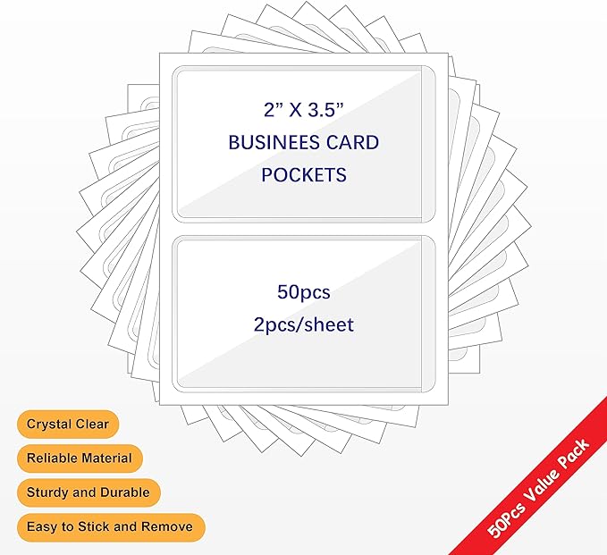 Clear Adhesive Business Card Pocket swith Side Open for Loading, 50 Pack, Plastic Labels Holders for Storage Bins and Library Card, Ideal for Organizing and Protecting Your Business Cards