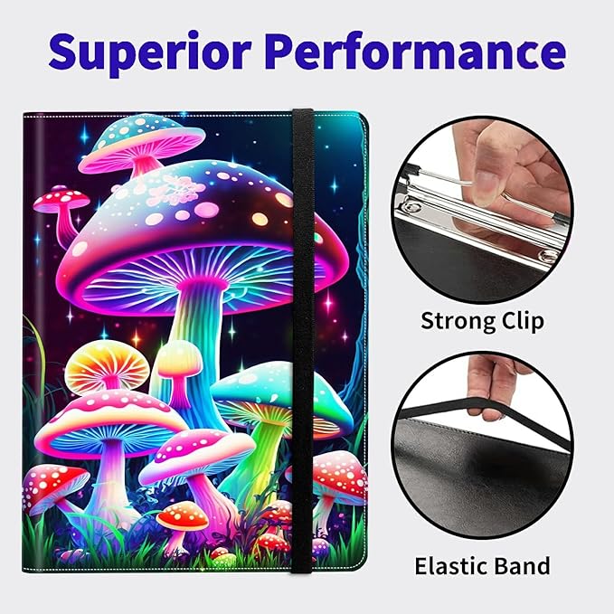 Gorgeous Mushrooms Padfolio Folder with Clipboard,Portfolios Organizer Clipboards with Storage Clipboard Writing Pad PU Leather Conference Document Organizer with Business Card Holder